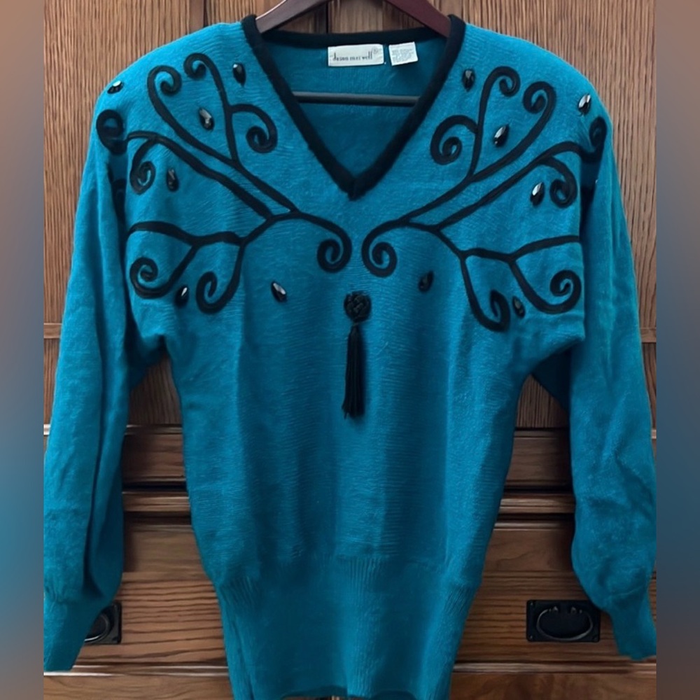 VTG Jason Maxwell 80s V-Neck Sweater Embroidered Art To Wear Beaded Grandmacore